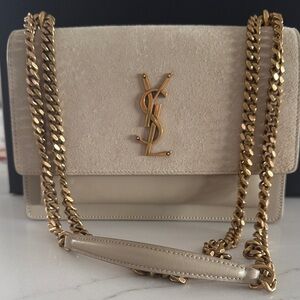 Saint Laurent Cream Suede & Leather Crossbody with Gold Hardware